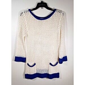 Boston Proper Womens Wide Knit Crochet Round Neck White Navy Sweater Size XL